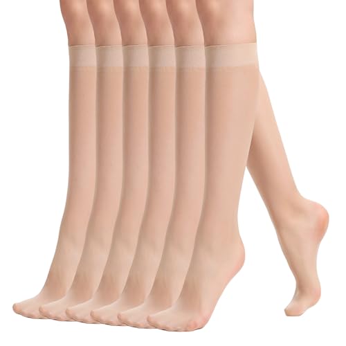 Image of Womens 6 Pairs Knee High Sheer Tight Stockings Silky Ultra Thin Through High Elasticity Stockings Reinforced Toe