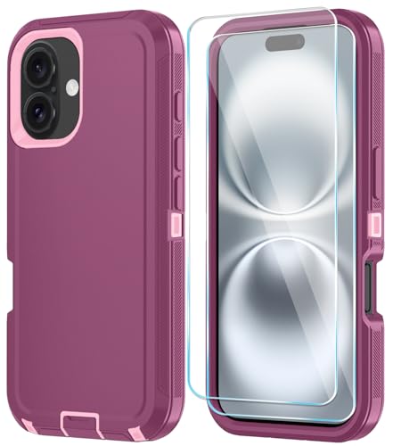 ouyncase Compitable with iPhone 16 Plus Case with HD Screen Protector, [2 in 1 ] Heavy Duty Protection Phone Case for iPhone 16 Plus 6.7" (WineRedPink)