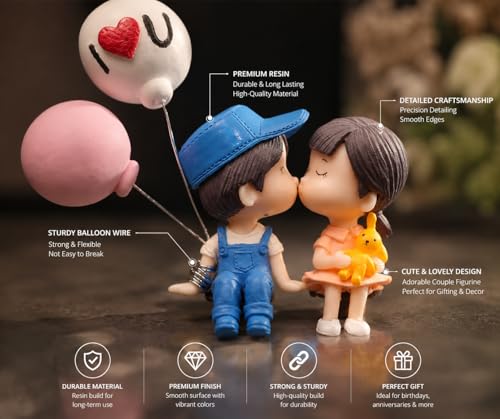 Image of Car Dashboard Couple Figurine with Balloon Decor - Silicone Cute Love Mini Statue Showpiece for Car Interior, Romantic Bobblehead Toy Gift Accessory for Couples, Dashboard Decoration