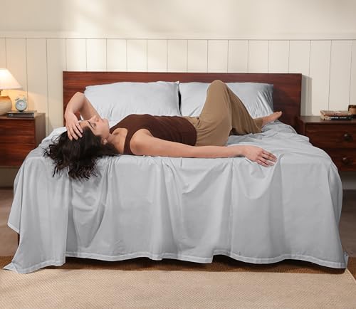 Image of RUVANTI 100% Cotton Percale Sheets Twin XL - Crisp Cooling Summer Bed Sheets for Hot Sleepers, Deep Pocket 14 inch, Soft Peach Finish, Breathable & Durable Hotel-Style 3 Piece Set, Light Grey