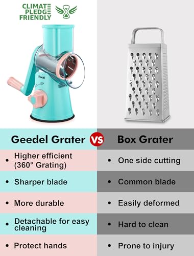 Geedel Rotary Cheese Grater, Kitchen Mandoline Vegetable Slicer with 3 Interchangeable Blades, Easy to Clean Rotary Grater Slicer for Fruit, Vegetables, Nuts