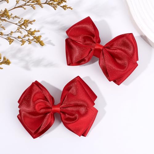 CN 4.5 Inch Red Glitter Hair Bows for Girls Alligator Clips Sparkly Satin Hair Accessories for Kids Toddler Women on Birthday Wedding Christmas and Party