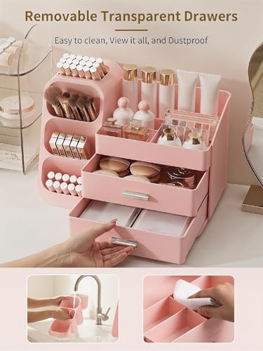 Image of Booklov Makeup Organizer for Vanity, Large Capacity Cosmetic Display Case with Drawers, Countertop Beauty Storage Holder for Skincare, Brush Eyeliner Perfume Eyeshadow Lipsticks, Counter Desk, Pink