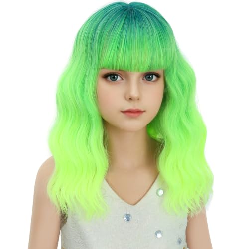 Image of Ombre Green Wig Short Lime Green Wavy Curly Wigs Neon Green Wig with Air Bangs Synthetic Cosplay Hair Wig (Small Size)