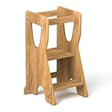 COSYLAND Torre de Aprendizaje Montessori de Madera – Altura Ajustable en 3 Niveles – para Niños Desde 18 Meses – con Barandillas de Seguridad – Estable y Fácil de Montar – Natural, Forma R