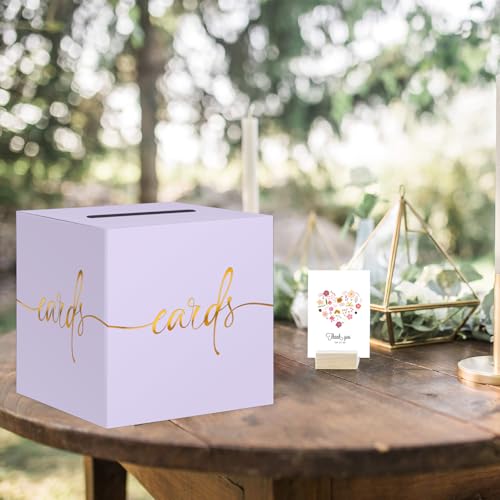 Image of Light Purple Card Box with Gold Foil Design, Paperboard 8.7 inch Card Box for Birthday Wedding Party Graduation Retirement Anniversary Valentine's Day & Baby Showers, Raffle or Money Box