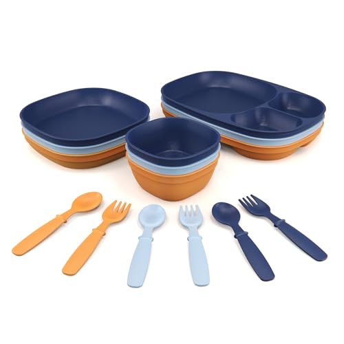 Image of MightyMoe Toddler Dinnerware Set, 15pc Plates Bowls & Trays - Made in USA, Microwave and Dishwasher Safe, BPA Free, Shatter Resistant, Sunset Color, Toddler Tableware