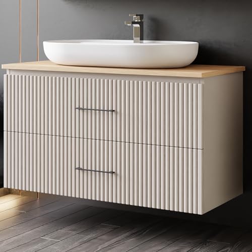 Karen Waschtisch mit Unterschrank Liana | Keramikwaschbecken | Unterschrank | Badmöbel | Aufsatzwaschbecken | Konsolenwaschtisch | Elegant | Badezimmer | Riffeloptik (Liana 100 mit Konsole Eiche)