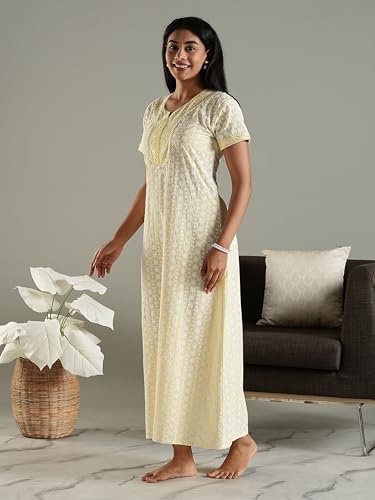 Image of 9shines Label Stylish Chikankari Cotton Nighty Maxi for Women | Full Length Nightgown | Nightdress with Pocket | Embroidery Nighty | Soft Comfortable Cotton Nightwear (1545)