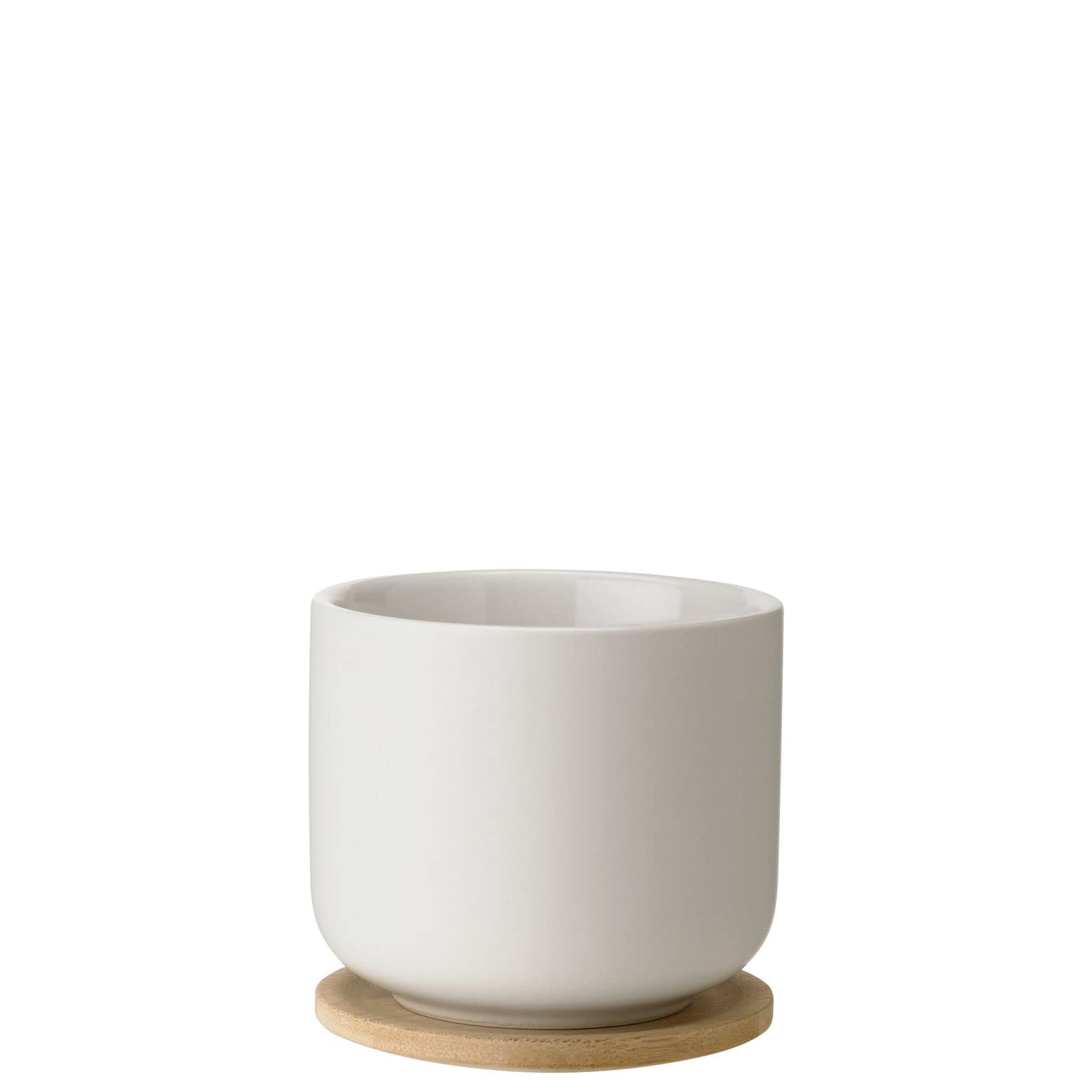 SteltonTheo Tea Mug - Drinking Cup for Tea, Coffee & Hot Chocolate - Stoneware, Cast Iron Exterior, Glazed Interior - Lid Made of Sustainable Bamboo Wood - Sand Colour, 0.2 Litres