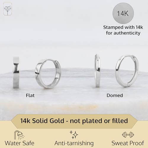 14K Solid White Gold Huggie Earrings for Women | Hypoallergenic Domed or Flat Style Small Hoop Earrings in Sizes 10mm, 12mm & 14mm | Small Gold Hoops for Men & Women by MAX + STONE2