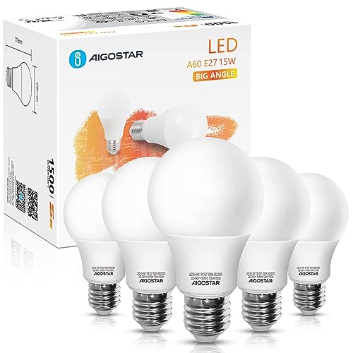 Aigostar - 15W Bombilla LED A60, casquillo gordo E27, luz cálida 3000K, 1200 lúmenes, ángulo de apertura 280º, CRI> 80. No regulable. Caja de 5 unidades -Clase de eficiencia energética A+