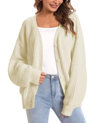 Image of QUALFORT Women's Oversized 100% Cotton Cardigan Sweater | Long Sleeve V Neck Button Down Open Front Knit Outerwear