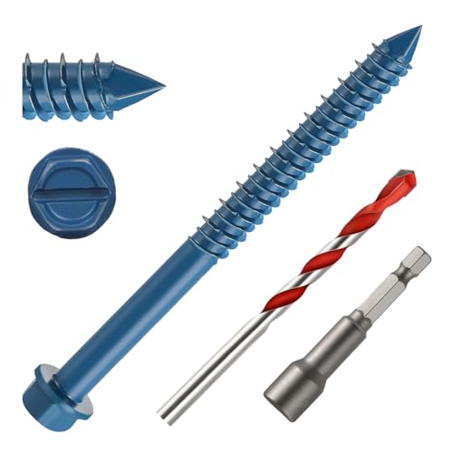 1/4" x 3-1/2" Concrete Screws, 50 PCS Blue Hex Washer Head Concrete Screws Anchor Kit with Drill Bit and Hex Bit Socket, for Masonry, Cement, Block, Brick or Stucco