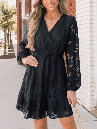 Image of CUPSHE Women Elegant V Neck Lace Peasant Sleeve Mini Summer Dress Elastic High Waist A Line Casual Wedding Guest Dress