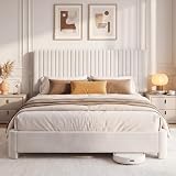 Erdoru Queen Size Velvet Upholstered Bed Frame with Headboard, Luxury Wooden Slat Support Platform Bed, Noise-Free Sturdy Low Profile Design, No Box Spring Needed, Easy to Assemble, White