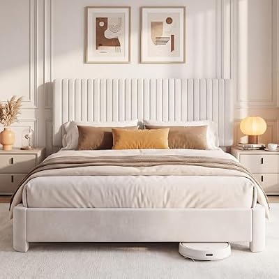 Erdoru Queen Size Velvet Upholstered Bed Frame with Headboard, Luxury Wooden Slat Support Platform Bed, Noise-Free Sturdy Low Profile Design, No Box Spring Needed, Easy to Assemble, White