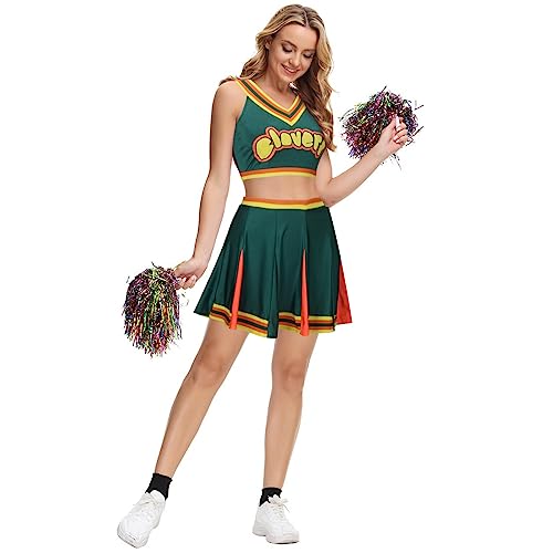 Funhoo Cheerleader Uniform Grün Oberteil Minirock Cheerleading Kostüm Cheer Captain Film Cosplay Outfit für Mädchen Damen Schule Tanzen (S)