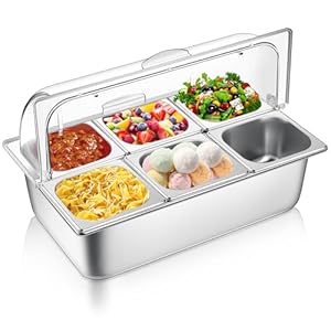 6 Pan Countertop Food Serving Display Container and Clear Roll Top Cover Stainless Steel Food Serving Tray Buffet Condiment Dispenser Display Rack for Restaurant Hotel Kitchen Party