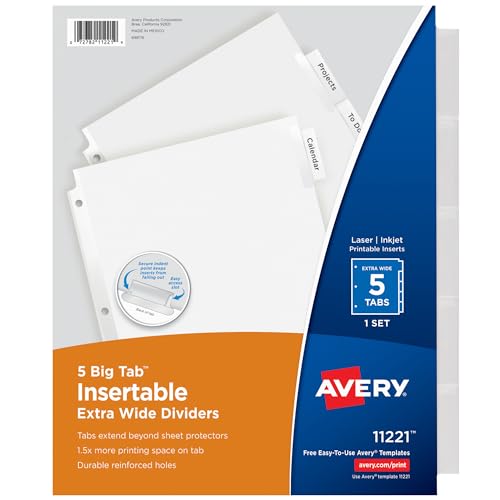 Avery Extra-Wide Big Tab Insertable Dividers for 3 Ring Binders, 5 Tab Set, White Paper, Clear Tabs, Works with Sheet Protectors, 1 Set (11221)
