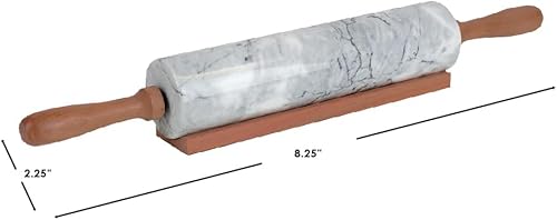 Miniatura 6 de Home Basics Rodillo de piedra de mármol blanco con asas de madera de fácil agarre y soporte de exhibición de cuna de madera, pesado y sólido para