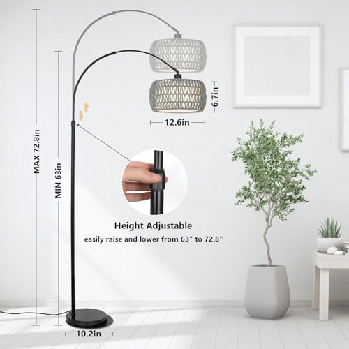 Image of Arc Standing Lamp, Boho Floor Lamps for living room with Remote and LED Dimming Bulb, Rattan Tall Lamp for Bedroom with 3 Color Temperatures, Height Adjustable Farmhouse Stand up Light for Office