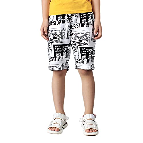 JXGSGOGO Boys Cotton Sport Shorts Drawstring Soft Jersey Athletic Shorts Unisex Height 120-130cm Printed White