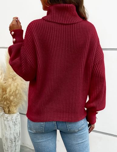 Image of Libsorge Women's Dressy Oversized Turtleneck Sweaters Fall 2024 Casual Winter Ribbed Knit Button Long Sleeve Pullover Sweater Red L