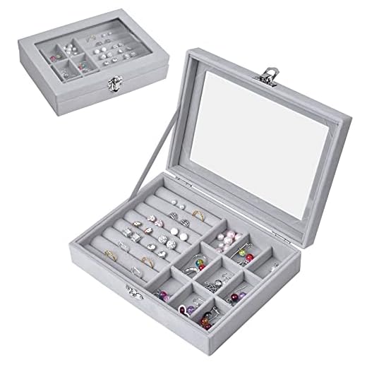 Schmuckkästen mit Glasdeckel, 9 Gitter Schmuckaufbewahrung Schmuckkoffer Damen Schmuckbox Reise, Beflockung Halskette Ohrringe Ring Schmuckschatulle, Transparente Aufbewahrungsbox für Schmuck, Grau