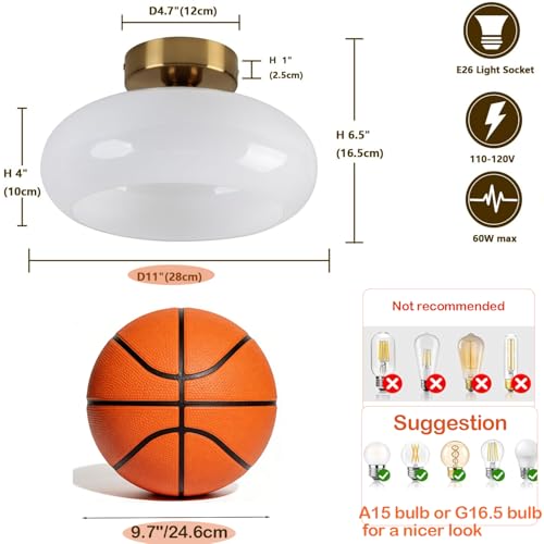 Image of Mid Century Modern Ceiling Light Milk White Glass Globe Flush Mount Ceiling Light 11 inch Brass Close to Ceiling Light Fixtures for Kitchen Bedroom Hallway Closet