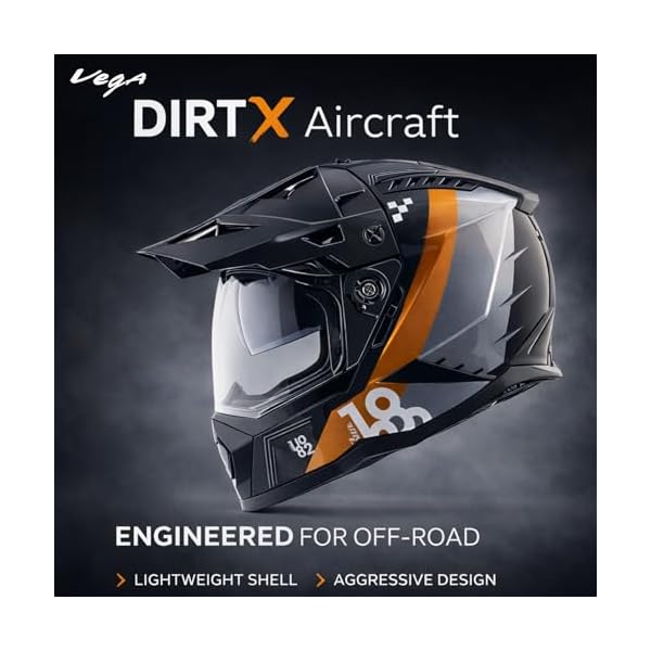 Vega VF 11 Dirt-X Aircraft Full Face Riding Helmet with Aerodynamic ABS Shell, Shock Absorbing Interior, Ventilated Comfort Fit, Racing -Inspired Design – Black Gold