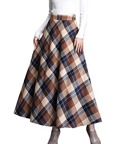 Femiserah Women's Retro High Waisted A-Line Fall/Winter Long Plaid Wool Skirt