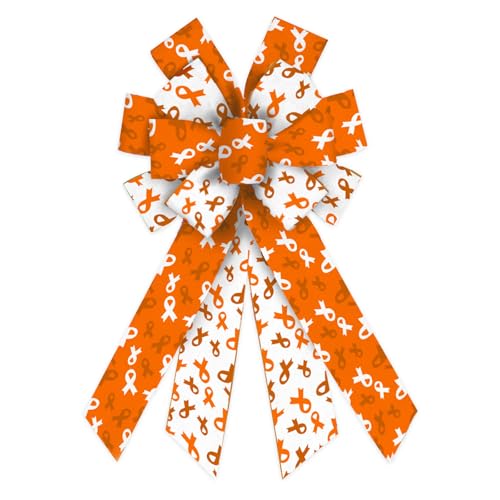 ABTOLS Large Cancer Awareness Wreath Bow, Leukemia Cancer Awareness Bow for Wreath Fight Cancer Decoration Bows for Front Door Orange Bows for Cancer Awareness Party Indoor Outdoor Decor