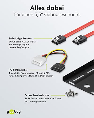 goobay 64811 Festplatten Einbaurahmen SSD 2.5 auf 3.5 / Für den Einbau Einer 2,5" Festplatte in einen 3,5" Gehäuseschacht / SSD Halterung inkl.Stromadapter, SATA Kabel und Schrauben – Bild 5