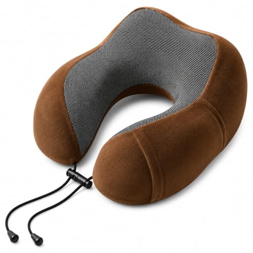 Image of Zollyss Memory Foam Travel Neck Pillow, U Shape Neck Pillow for Travel, Airplane, Car & Office, Soft Neck Support Pillow with Adjustable Lock and Washable Cover, Brown