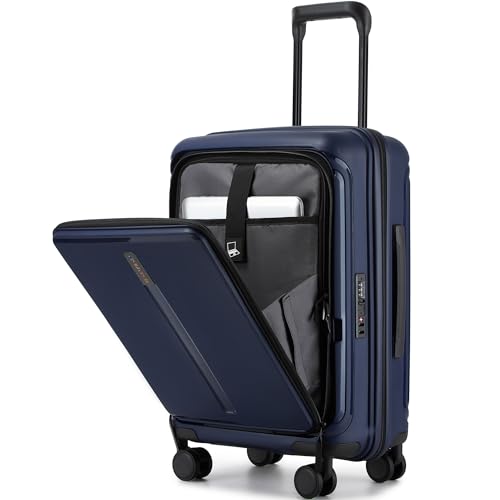 20“ Expandable Carry on Luggage Front Opening, 22x14x9 Airline Approved Hardshell Spinner Carry-on Suitcase with Wheels, TSA Lock, Lightweight Durable Travel Luggage (Dark Blue, 20 inch)