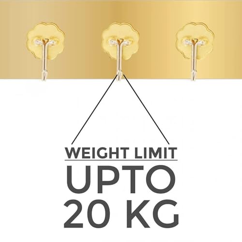Image of Self Adhesive Wall Hooks for Kitchen Organizer Hook for Wall Without Drilling for Home Kitchen Bathroom Bedroom Keys Bag Towels - 6 Stainless Steel Hook with Plastic Strip (Golden Pack of 2)