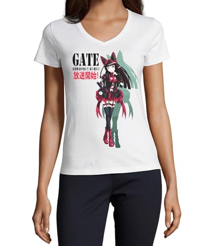 T-shirt à col en V en coton femme Blanc Anime 38 pour un style décontracté