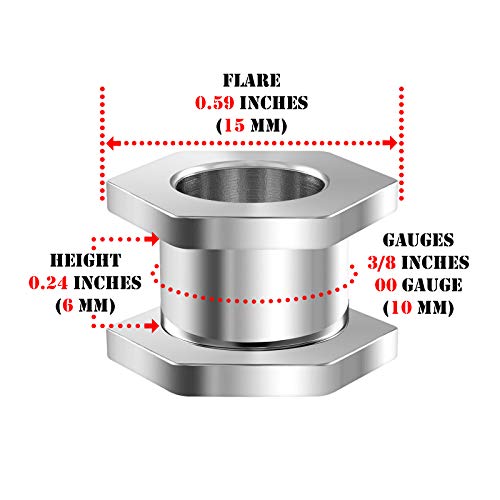 Pair of Surgical Steel Polished Hexagon Screw-Fit Flesh Tunnels Piercing Jewelry Stretcher Ear Plugs Earring Lobe2