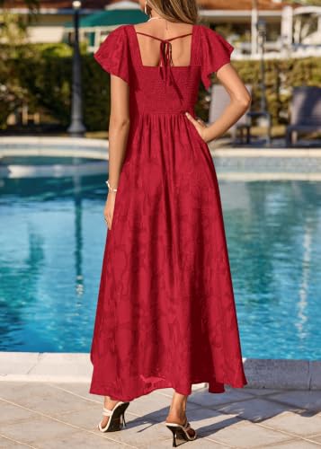 Image of KIRUNDO Bridesmaid Wedding Guest Formal Dresses for Women | Elegant Summer Maxi Dress, Lace Floral Prom Party Cocktail Dress, Smocked Bust, Tie Back, Split A Line Swing, With Pockets