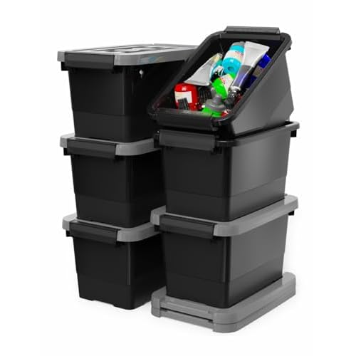 WYT Plastic Storage Bins with Lids and Latch, 6-Pack Small Stackable Plastic Organizing Box with Buckle and Handle, 3.5 Quart Durable Nestable Totes Containers (Black/Grey)