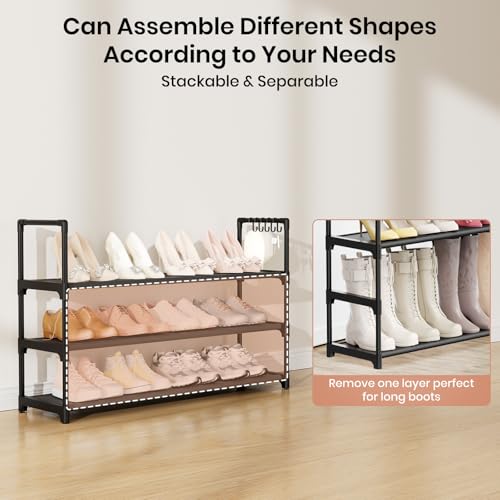 Image of VILICK Shoe Rack for Closet Shoe Organizer Space Saver Storage for 12-15 Pair Shoe Shelf with Hook Free Standing 3 Tier Shoe Rack Organizer for Entryway, Small Spaces, Black