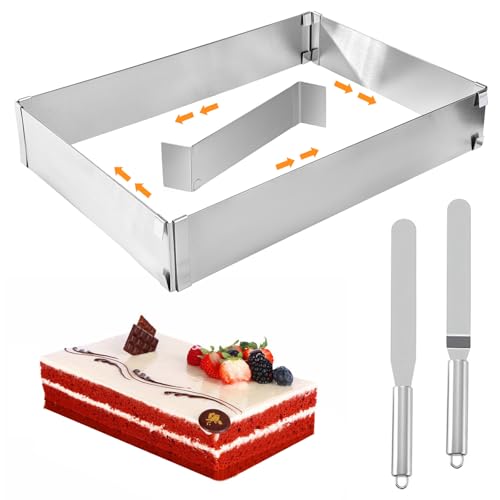 Zyiphor Cadre Pâtisserie Rectangulaire Extensible Moule Carré en Acier Inoxydable 18-53cm Moule à Gâteau Mousse Dessert Pizza avec 2 Spatules pour Cuisson...