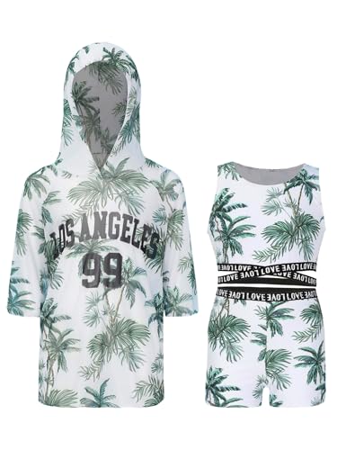 Moily Big Girls 3 Pcs Bathing Suits Floral Short Sleeve Hoodie Swim Shirts Tankini Top with Shorts