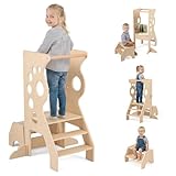 COSTWAY 3 in 1 Lernturm mit 2-Stufen-Hocker, Tritthocker aus Holz mit abnehmbaren Sicherheitsstangen & Linienspiele, Trittleiter & Kindersitzgruppe Montessori, Trittschemel für Kinder ab 3 Jahren
