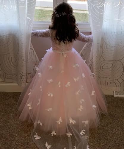 Tulle Flower Girl Dress for Wedding Lace Appliques 3D Butterfly Long Sleeves Party Pageant Ball Gown Dresses4