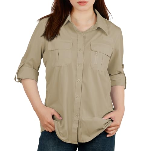 BSBUY Camisa Safari para Mujer, Camisa para Mujer UPF50+, Camisas Mujer Manga Larga, Secado Rápido, para Exteriores Pesca Safari Viajes Golf, S
