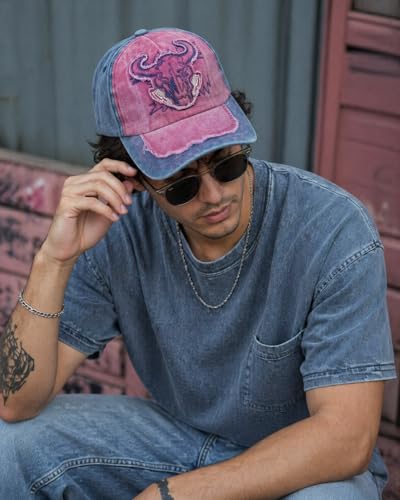 Image of Premium Vintage Denim Baseball Cap for Men & Women | Retro Chicago Bull Skull Design | Washed Distressed Streetwear Hat