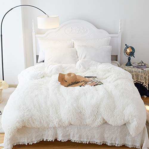 Hot Deals Shaggy Fluffy Duvet Cover Set Queen Size, Luxury Plush Warm Fuzzy Flannel Bedding Set, 3 Pieces Cozy Faux Fur Comforter Cover Set, 1 Duvet Cover + 2 Pillow Shams, Zipper Closure, White Hot Deals Shaggy Fluffy Duvet Cover Set Queen Size, Luxury Plush Warm Fuzzy Flannel Bedding Set, 3 Pieces Cozy Faux Fur Comforter Cover Set, 1 Duvet Cover + 2 Pillow Shams, Zipper Closure, White
