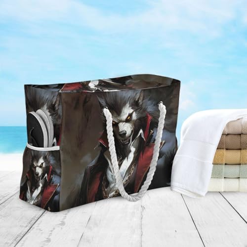 Scary Werewolf Gothic Beach Bag for Women Large Beach Tote Bag with Zipper for Travel Vacation4